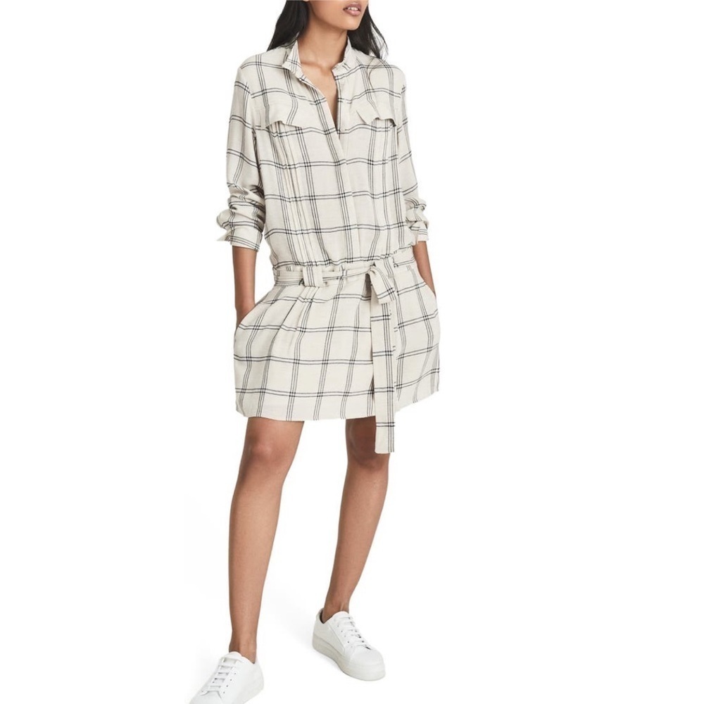 Reiss Tan Dasha Windowpane Plaid long sleeve shirt dress 10 NWT